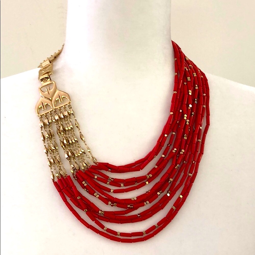 New Stella & Dot Red Coral 14 Strand Necklace